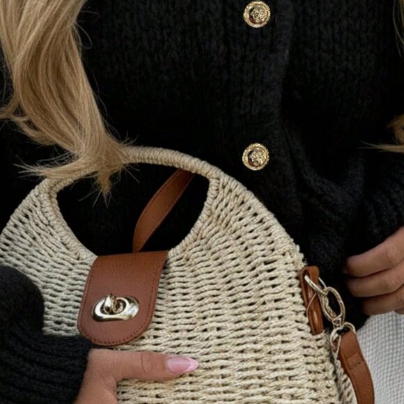 Black Casual Loose Women's Round Neck Lantern Sleeve Cardigan - Picture 3 of 7